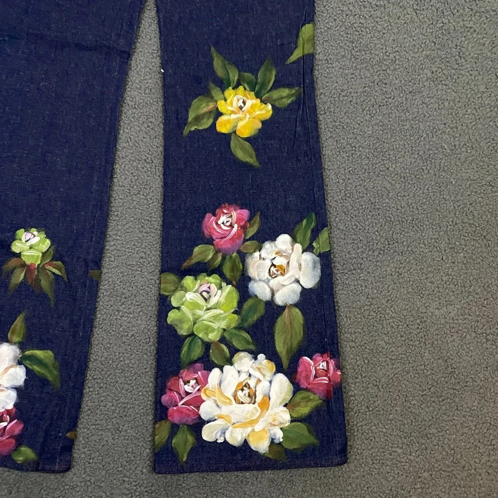 Vintage Y2K Mandalay Jeans size 4 Flare Bootcut Hand Painted Flowers Boho NEW - Picture 2 of 12